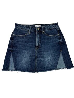 Good American Dark Blue Denim Skirt with Distressed Hem